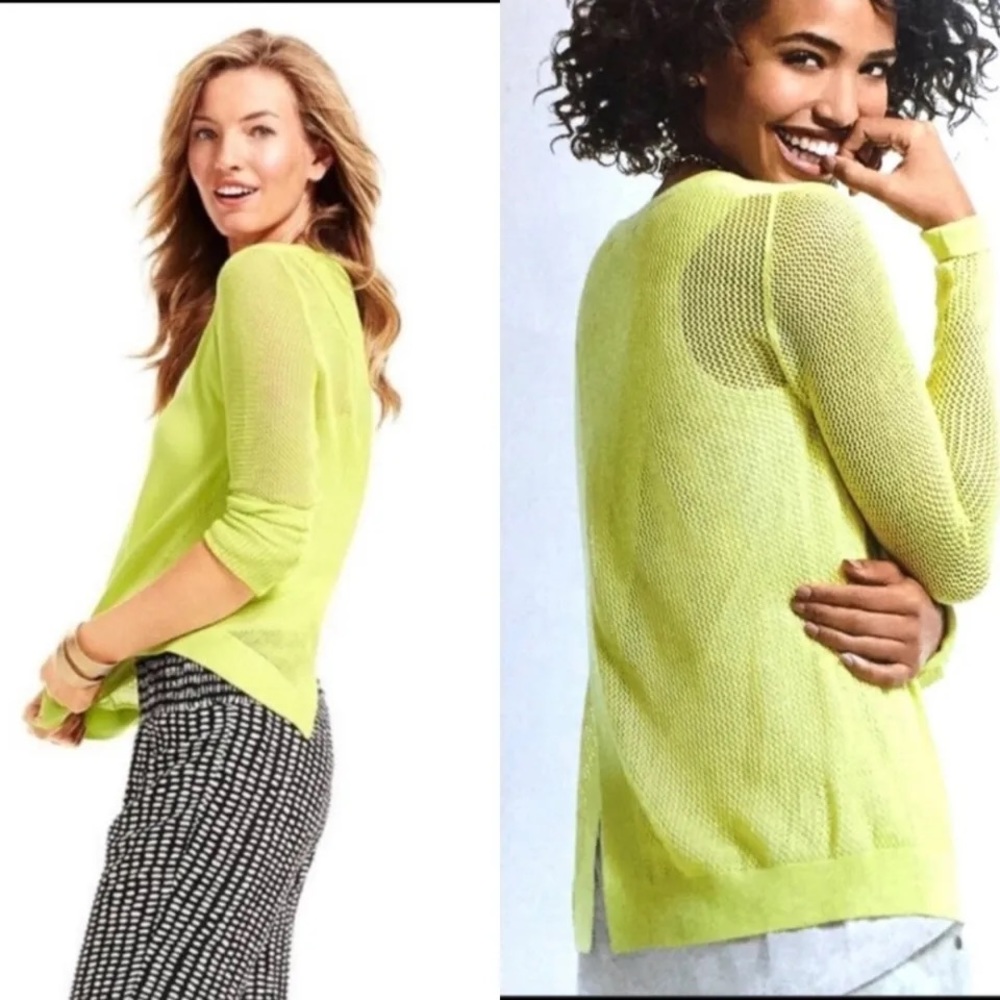 CAbi Neon Lime Open-Knit Crewneck Sweater